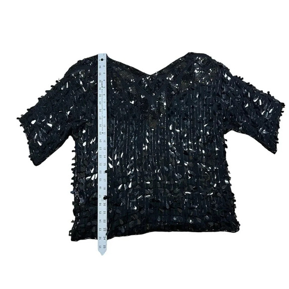 Vintage Lilli Diamond Black Sequin V Neck Silk Blouse Short Sleeve Size Medium - Picture 7 of 8